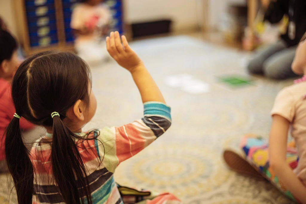 PreK student raising her hand - landscape